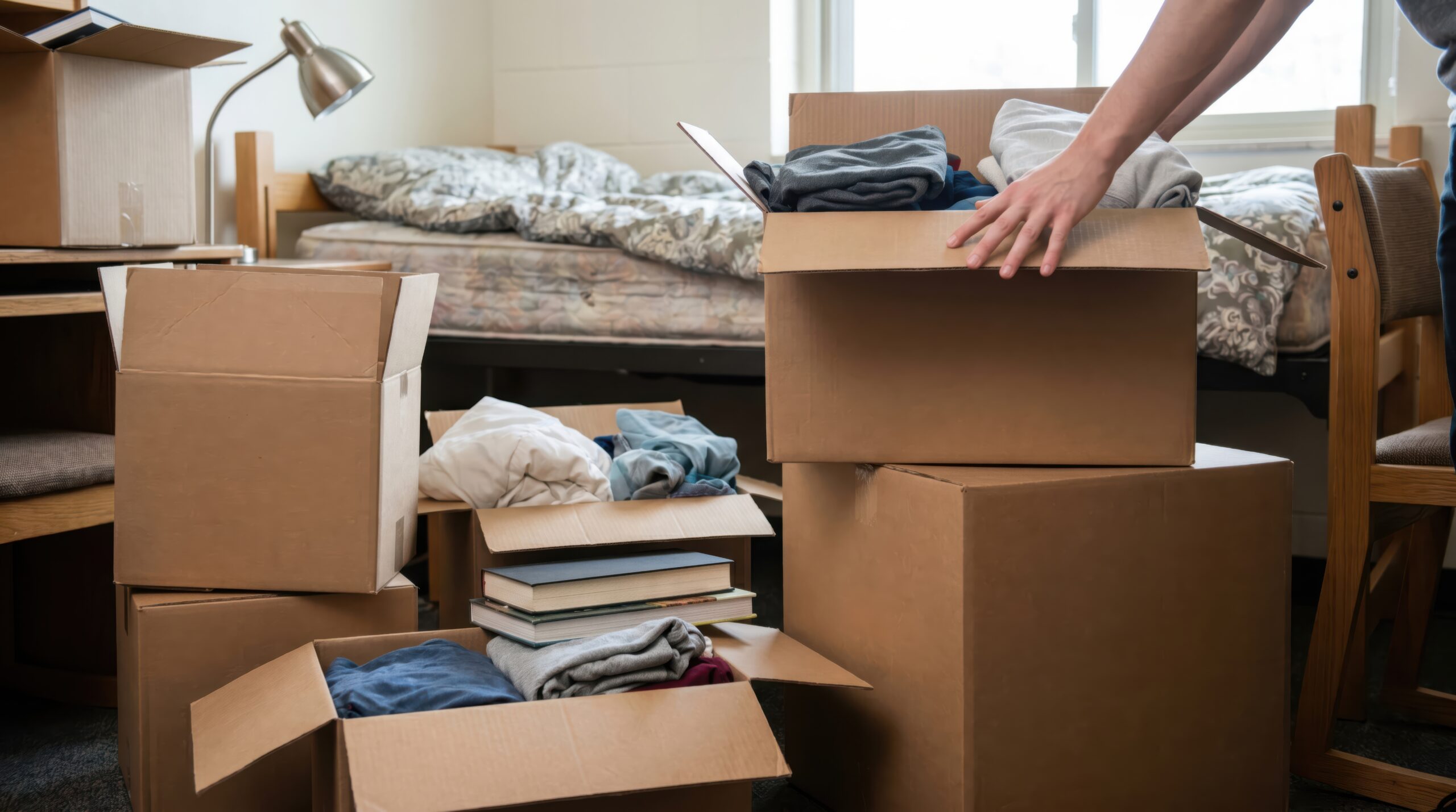 Young adult student packing cardboard boxes with clothes and books for moving out of a college dormitory room, concept of relocation and transition to independent living